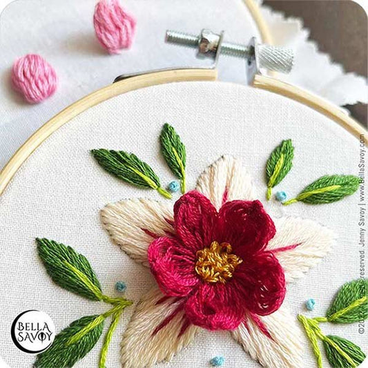 3D flower embroidery made with the popcorn lazy daisy stitch