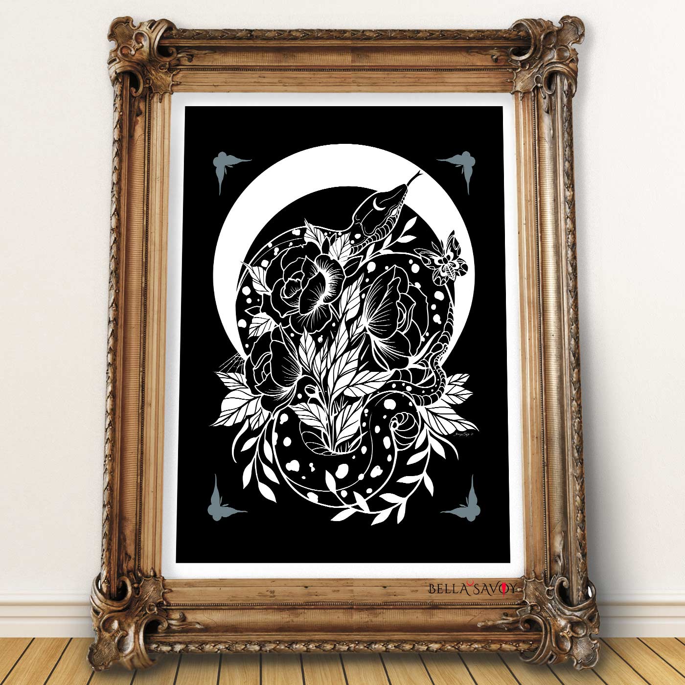 Moon Snake & Peonies Art Print