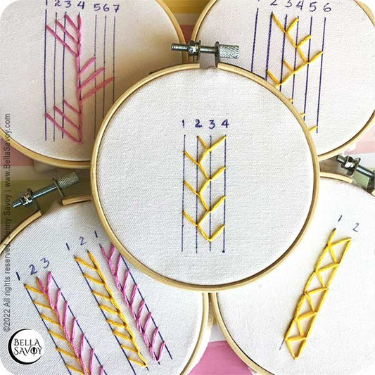 feather stitch variations on 5 hoops in pink and yellow