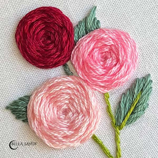 woven wheel stitch roses in red, pink, and light pink