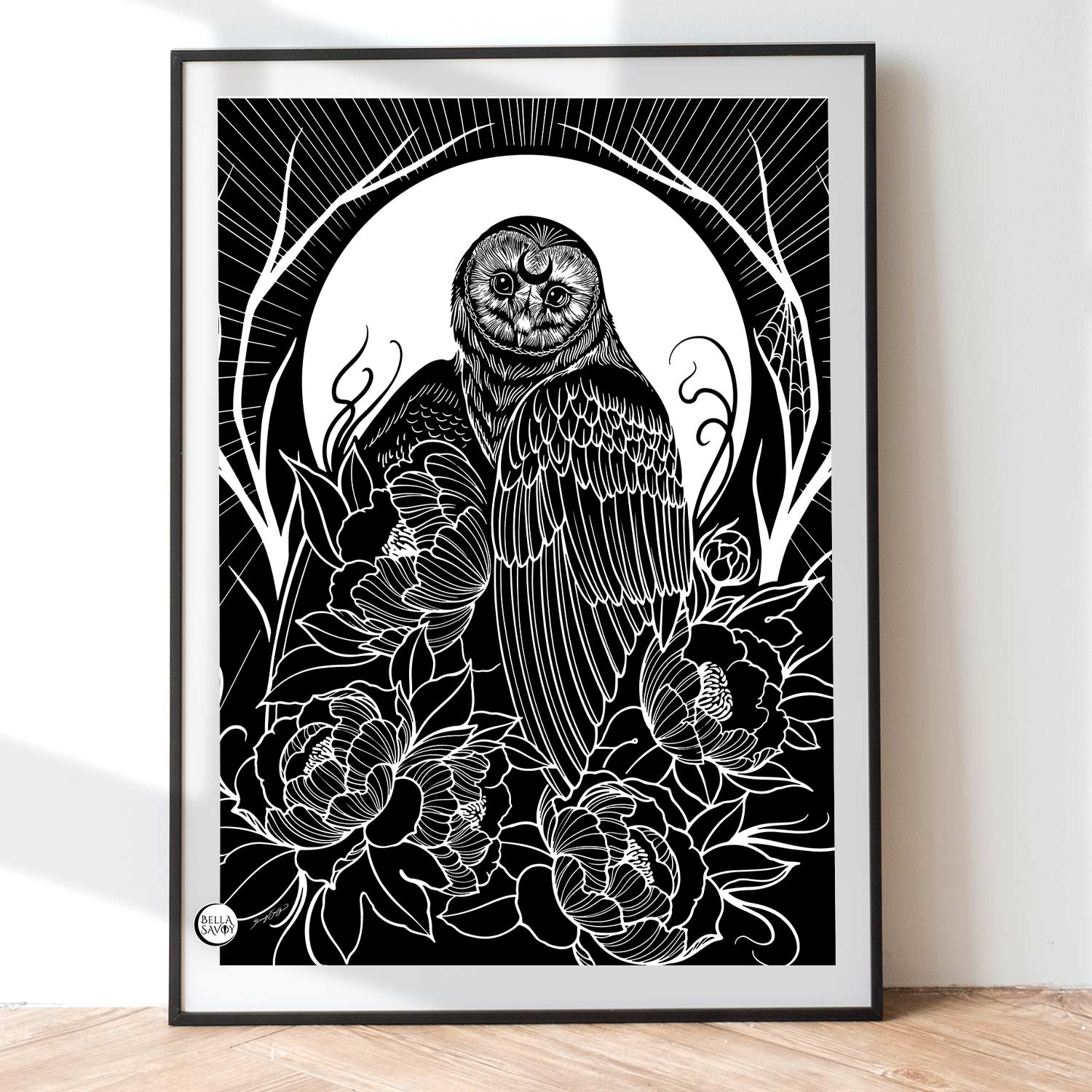 black and white owl and peonies in front of full moon and rays. Linocut print aesthetic. 